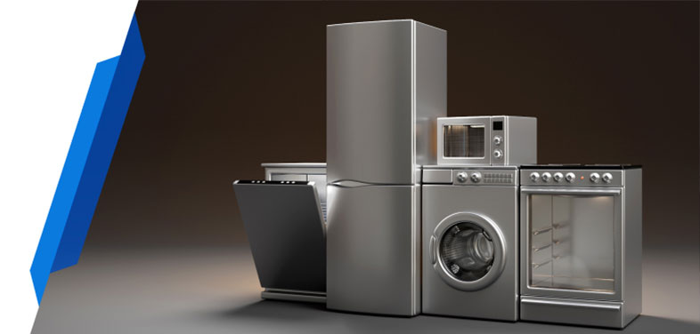 Kitchen appliances like fridge, microwave, dishwasher, washing machine, and oven for appliance insurance