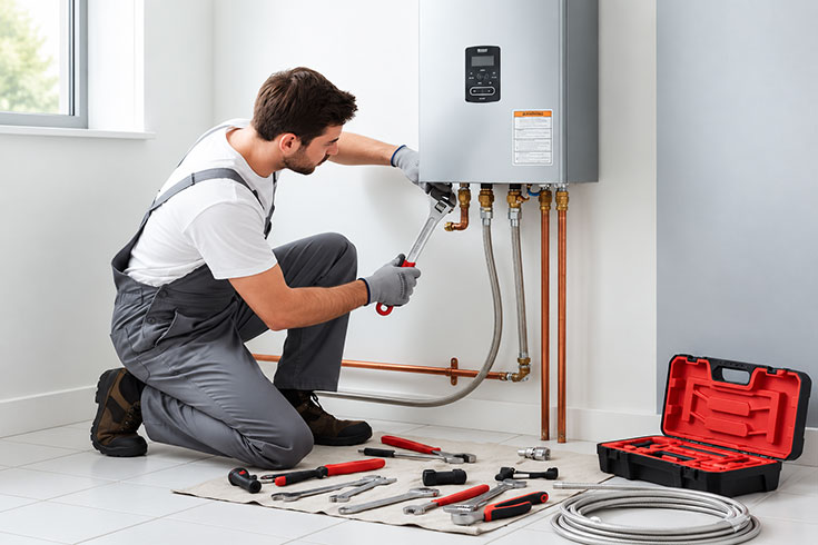 Gas Safe engineer servicing a boiler, representing boiler breakdown cover