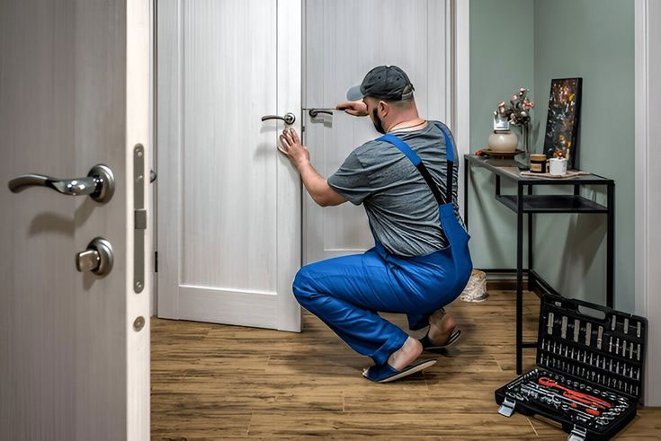 Locksmith changing a lock, representing lost key and lock cover