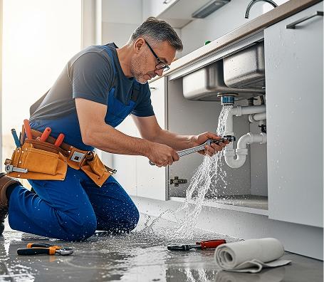 Professional plumber fixing pipes under sink