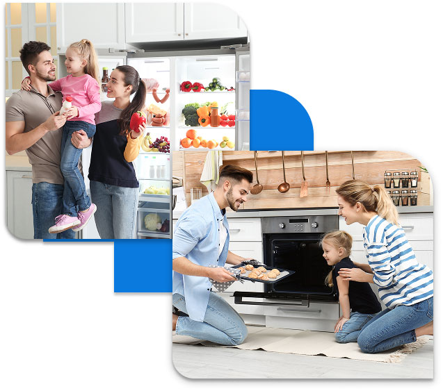 Two families using kitchen appliances — one taking food from a fridge, another baking cookies in an oven — illustrating Home appliance insurance
