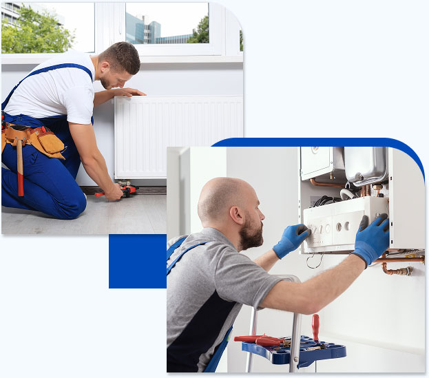 Technicians repairing central heating system and boiler as part of Home Emergency Cover services