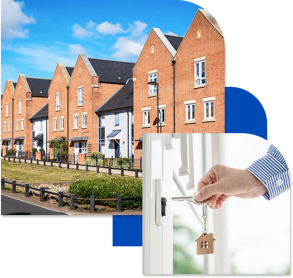 Visual concept for landlord's home emergency insurance showing UK terraced houses and a close-up of a hand inserting a key into a door lock