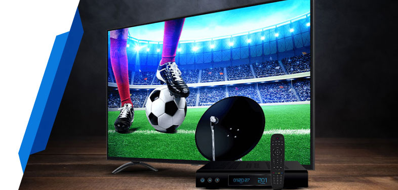 Infotainment Insurance Cover by Smart Cover -TV with football match, satellite dish, remote, and set-top box for entertainment system protection.